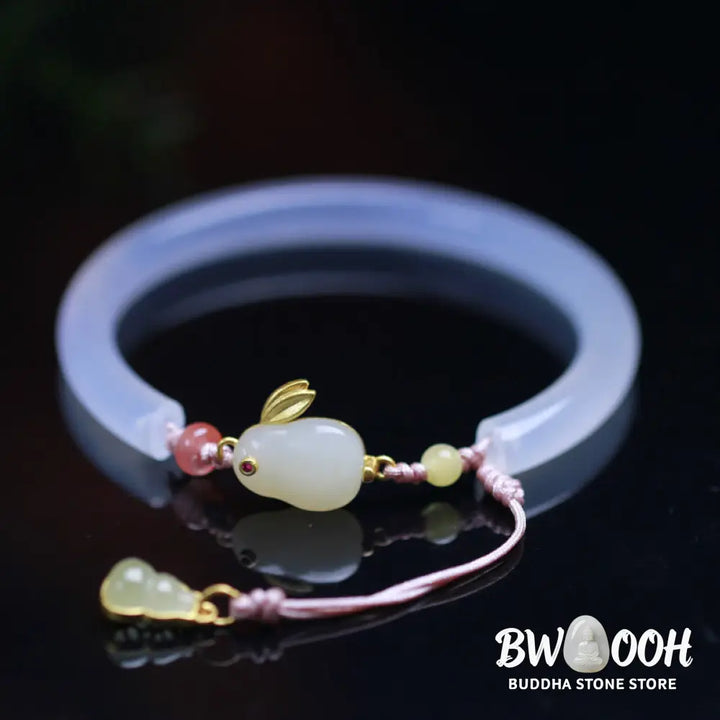 Buddha Stones Natural White Agate Hetian Jade Rabbit Positive Bracelet Bangle - BWOOOH - White Agate(Wrist