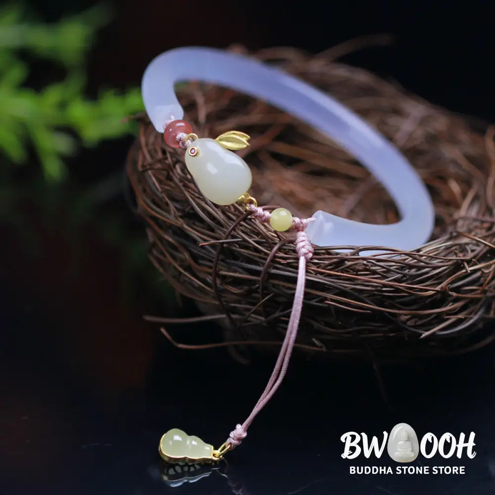 Buddha Stones Natural White Agate Hetian Jade Rabbit Positive Bracelet Bangle - BWOOOH - White Agate(Wrist
