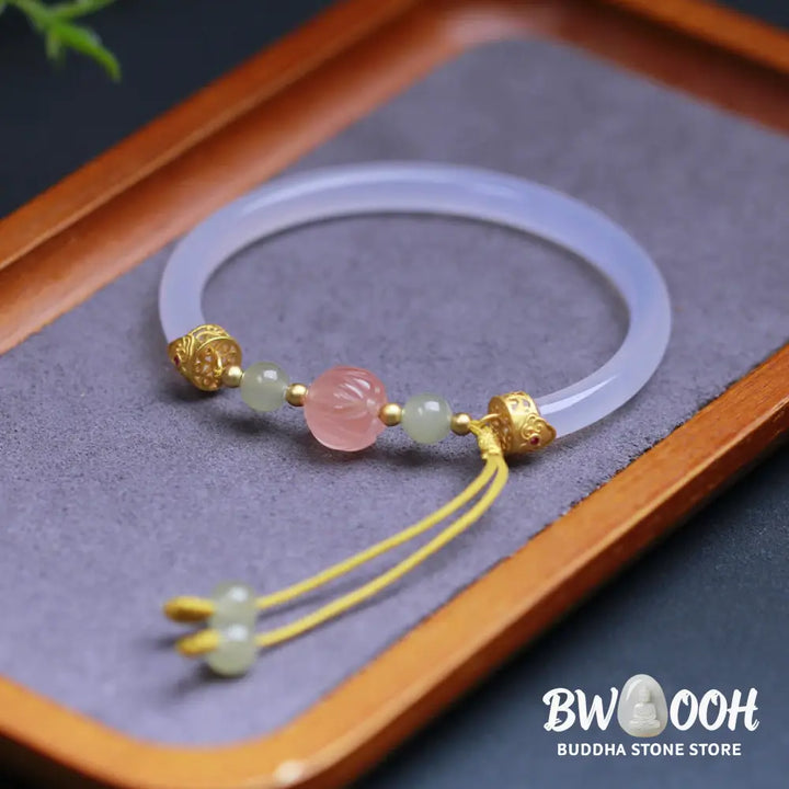 Buddha Stones Natural White Agate Lotus Hetian Jade Beads Positive Bracelet Bangle - BWOOOH - White Agate(Wrist