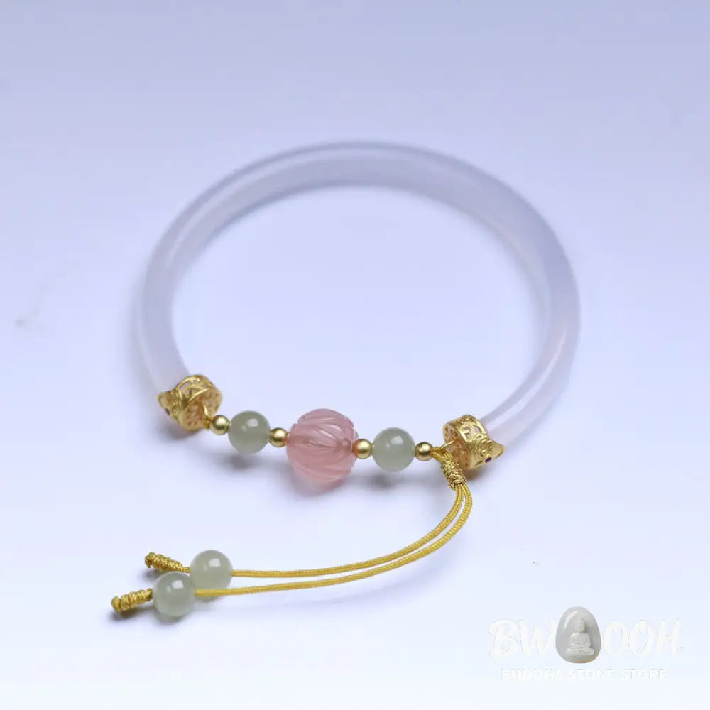 Buddha Stones Natural White Agate Lotus Hetian Jade Beads Positive Bracelet Bangle - BWOOOH - White Agate(Wrist
