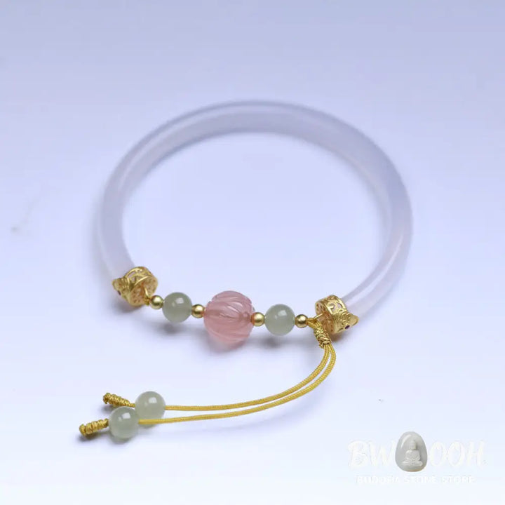 Buddha Stones Natural White Agate Lotus Hetian Jade Beads Positive Bracelet Bangle - BWOOOH - White Agate(Wrist