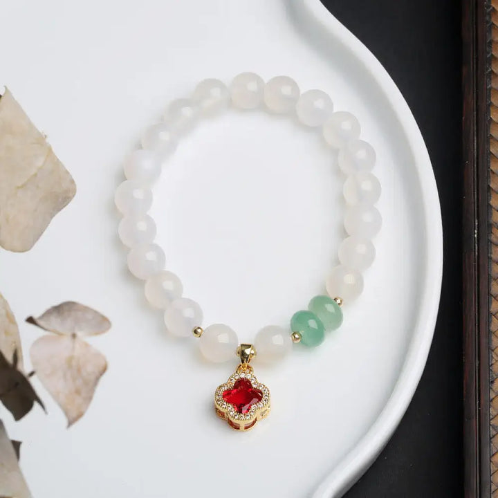 BWOOOH Natural White Agate Red Agate Money Bag Fu Character Four Leaf Clover Protection Bracelet - White Agate