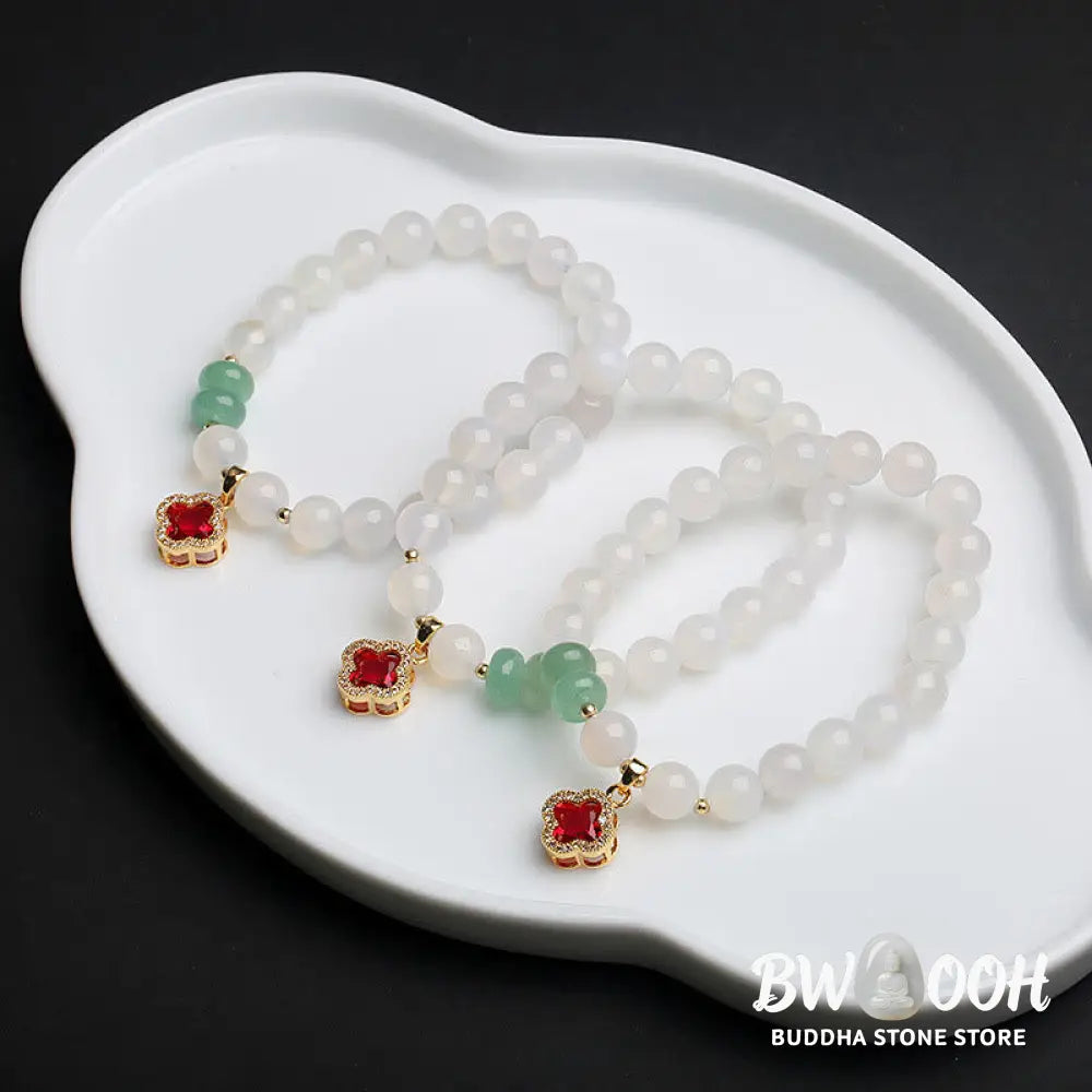 BWOOOH Natural White Agate Red Agate Money Bag Fu Character Four Leaf Clover Protection | spiritual healing bracelet