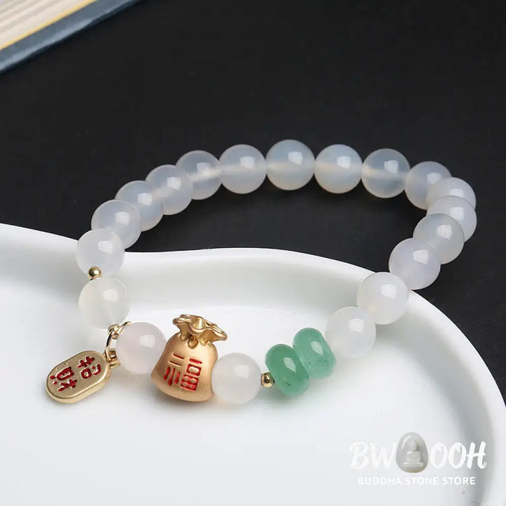 BWOOOH Natural White Agate Red Agate Money Bag Fu Character Four Leaf Clover Protection | spiritual healing bracelet