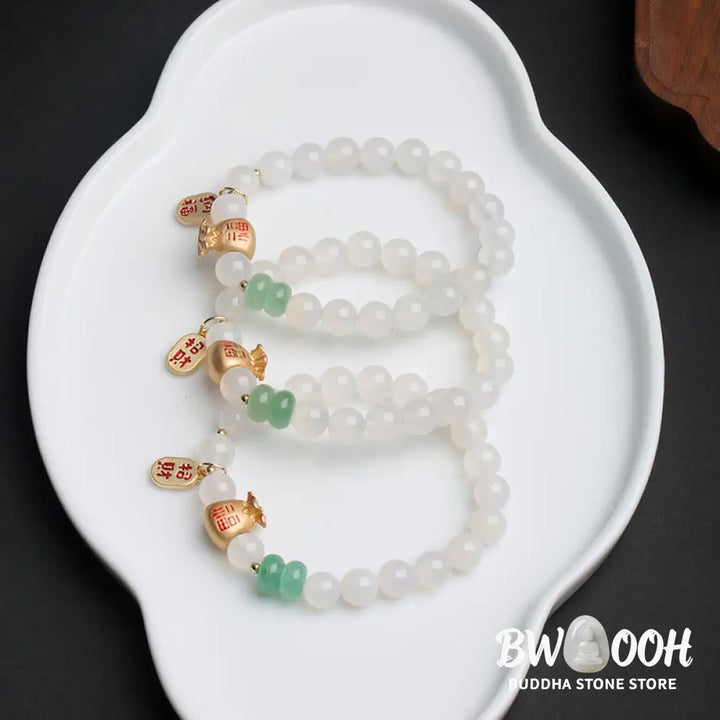 BWOOOH Natural White Agate Red Agate Money Bag Fu Character Four Leaf Clover Protection | spiritual healing bracelet