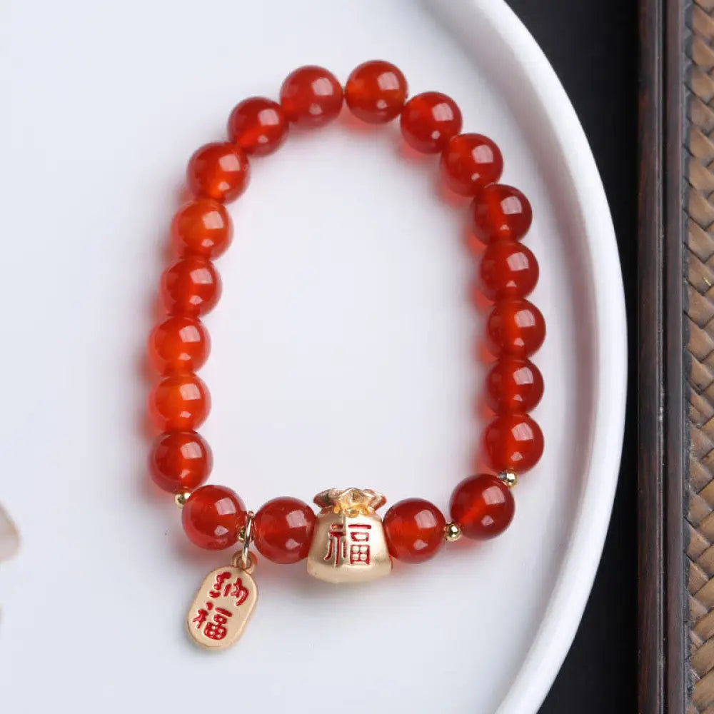 BWOOOH Natural White Agate Red Agate Money Bag Fu Character Four Leaf Clover Protection Bracelet - Red Agate