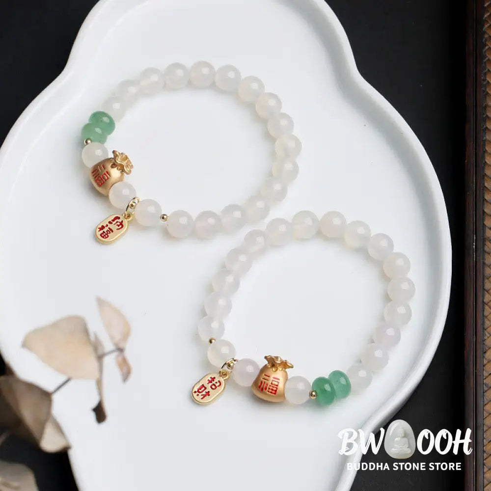 BWOOOH Natural White Agate Red Agate Money Bag Fu Character Four Leaf Clover Protection | spiritual healing bracelet