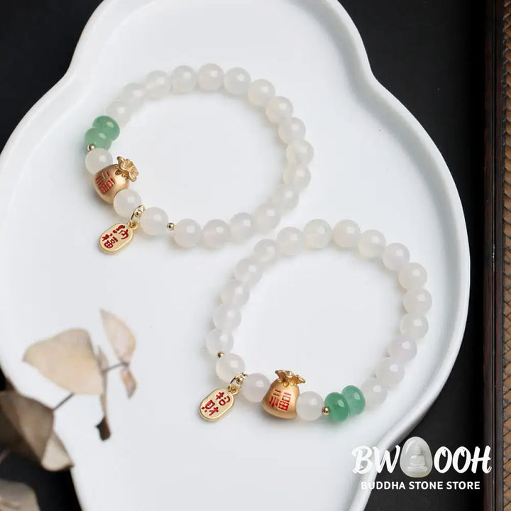 BWOOOH Natural White Agate Red Agate Money Bag Fu Character Four Leaf Clover Protection | spiritual healing bracelet