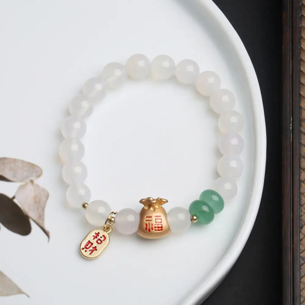 BWOOOH Natural White Agate Red Agate Money Bag Fu Character Four Leaf Clover Protection Bracelet - White Agate
