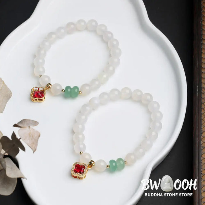 BWOOOH Natural White Agate Red Agate Money Bag Fu Character Four Leaf Clover Protection | spiritual healing bracelet