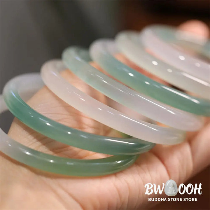 Buddha Stones Natural White And Green Chalcedony Agate Positive Cuff Bracelet Bangle - BWOOOH - Bracelet Bangle