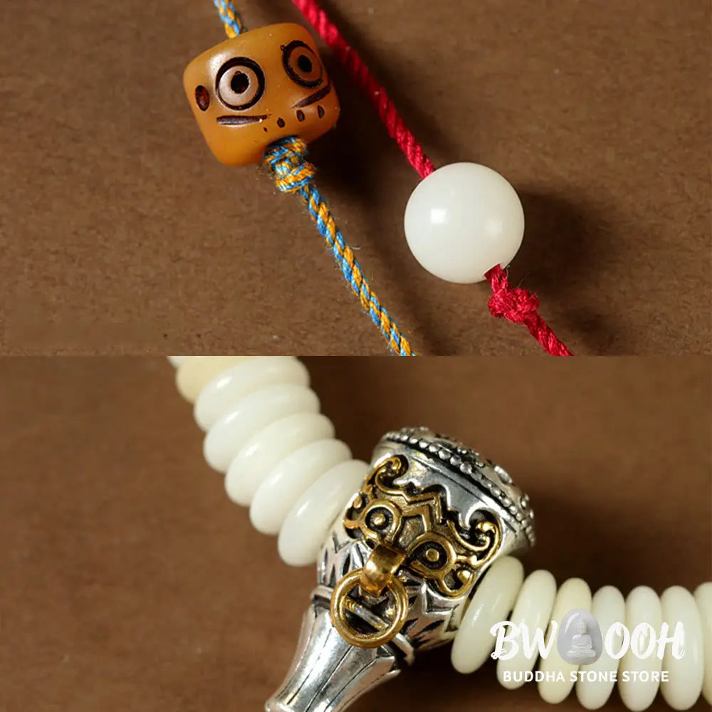 BWOOOH Natural White Bodhi Seed Wisdom Tassel Wrist Mala Bracelet, featuring dark-speckled Bodhi seeds (3x10mm) with a white copper accent and soft tassel, on a 14-15cm elastic string. Ideal for meditation and spiritual balance. - View 12