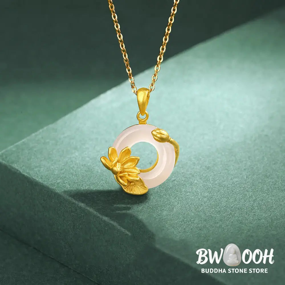 Buddha Stones Natural White Chalcedony Peace Buckle Lotus Pendant S925 Sterling Silver Necklace - BWOOOH - Chalcedony