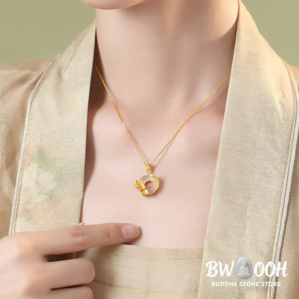 Buddha Stones Natural White Chalcedony Peace Buckle Lotus Pendant S925 Sterling Silver Necklace - BWOOOH - Chalcedony
