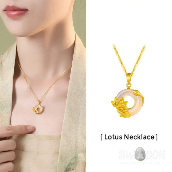 Buddha Stones Natural White Chalcedony Peace Buckle Lotus Pendant S925 Sterling Silver Necklace - BWOOOH - Chalcedony