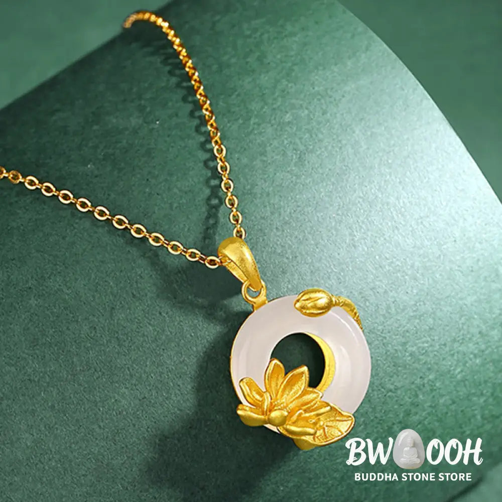 Buddha Stones Natural White Chalcedony Peace Buckle Lotus Pendant S925 Sterling Silver Necklace - BWOOOH - Chalcedony