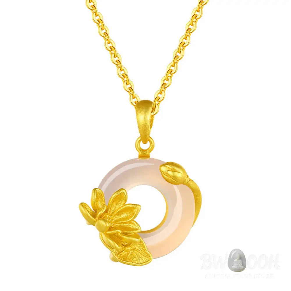 Buddha Stones Natural White Chalcedony Peace Buckle Lotus Pendant S925 Sterling Silver Necklace - BWOOOH - Chalcedony