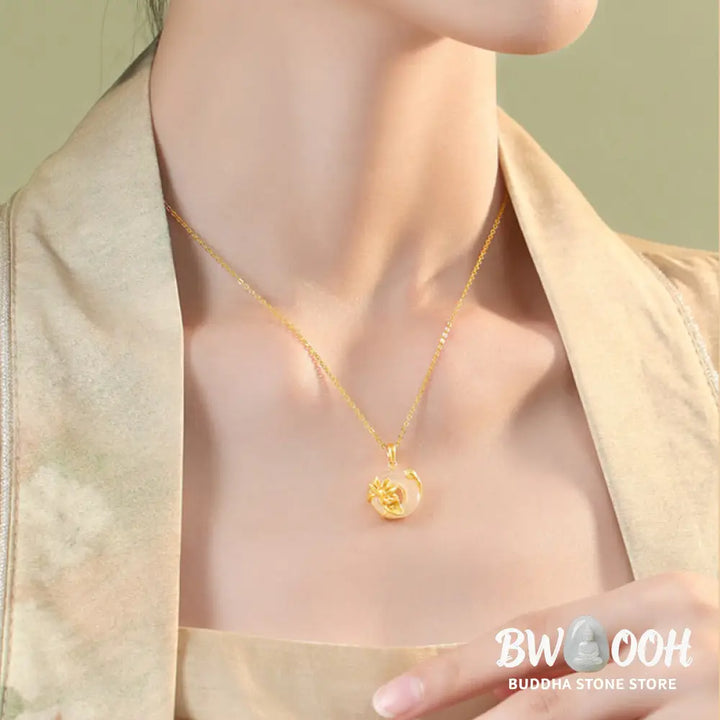 Buddha Stones Natural White Chalcedony Peace Buckle Lotus Pendant S925 Sterling Silver Necklace - BWOOOH - Chalcedony