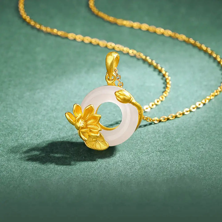 Buddha Stones Natural White Chalcedony Peace Buckle Lotus Pendant S925 Sterling Silver Necklace - BWOOOH - Chalcedony