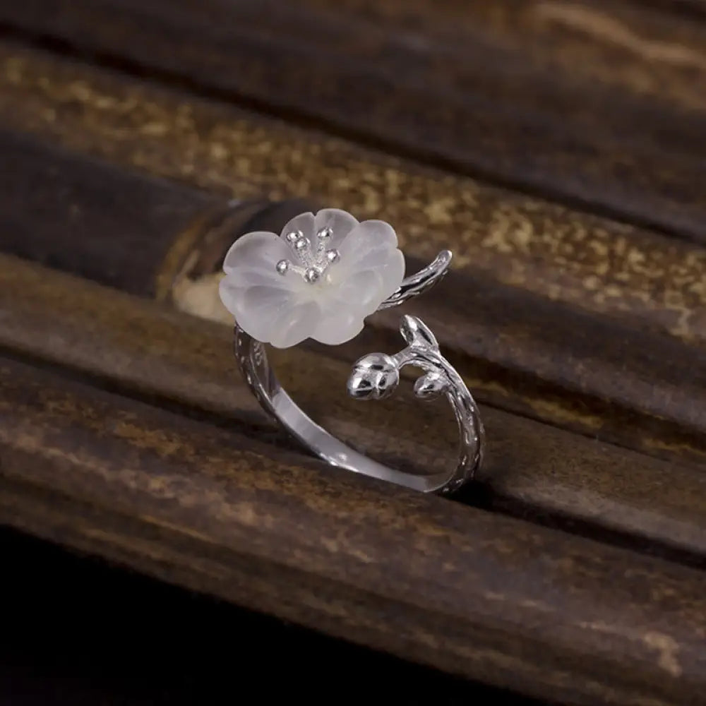 BWOOOH Natural White Crystal Flower 925 Sterling Silver Adjustable Healing Ring — Crystal crystal healing bracelet for spi...