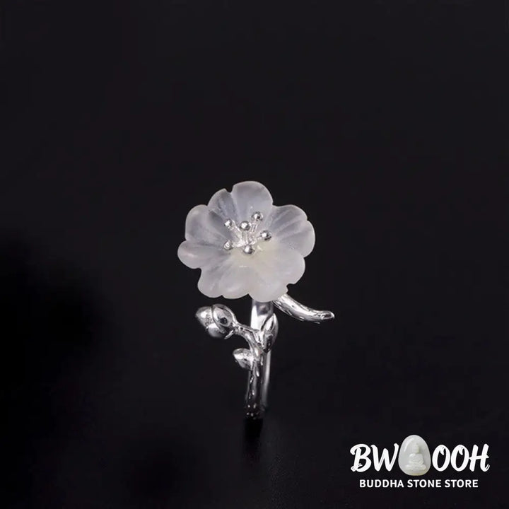 Buddha Stones Natural White Crystal Flower 925 Sterling Silver Adjustable Healing Ring - White Crystal &amp; 925 Sterling