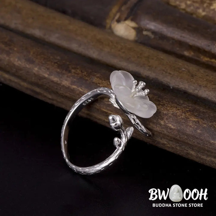 Buddha Stones Natural White Crystal Flower 925 Sterling Silver Adjustable Healing Ring - White Crystal &amp; 925 Sterling