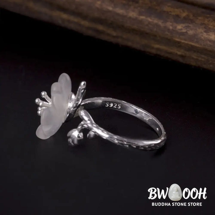 Buddha Stones Natural White Crystal Flower 925 Sterling Silver Adjustable Healing Ring - White Crystal &amp; 925 Sterling