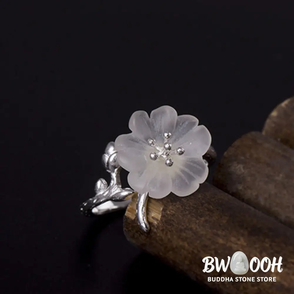 Buddha Stones Natural White Crystal Flower 925 Sterling Silver Adjustable Healing Ring - White Crystal &amp; 925 Sterling