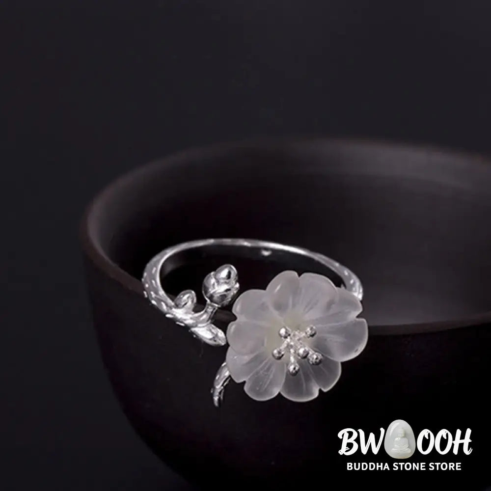 Buddha Stones Natural White Crystal Flower 925 Sterling Silver Adjustable Healing Ring - White Crystal &amp; 925 Sterling