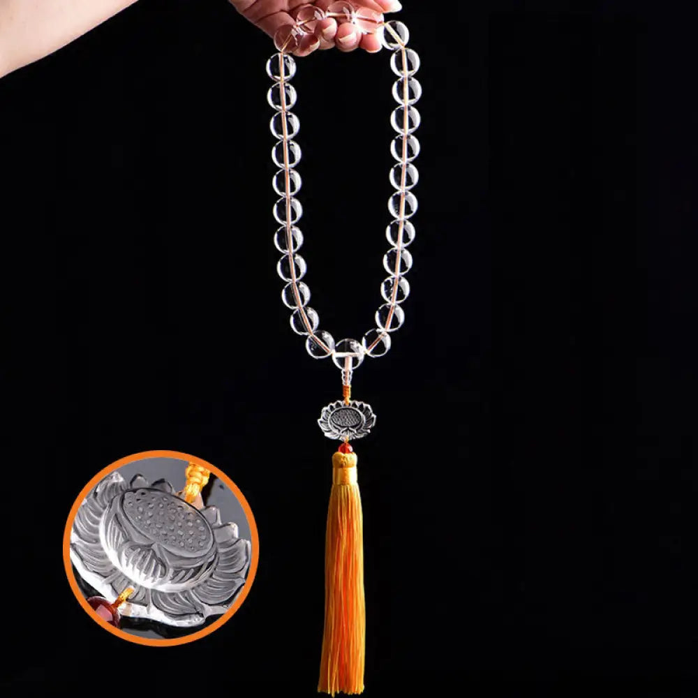 BWOOOH Natural White Crystal Lotus Wrist Mala with premium tassel, featuring polished 12mm-16mm clear crystal beads. Handcrafted for meditation, spiritual protection, and car decoration, symbolizing clarity and enlightenment.
