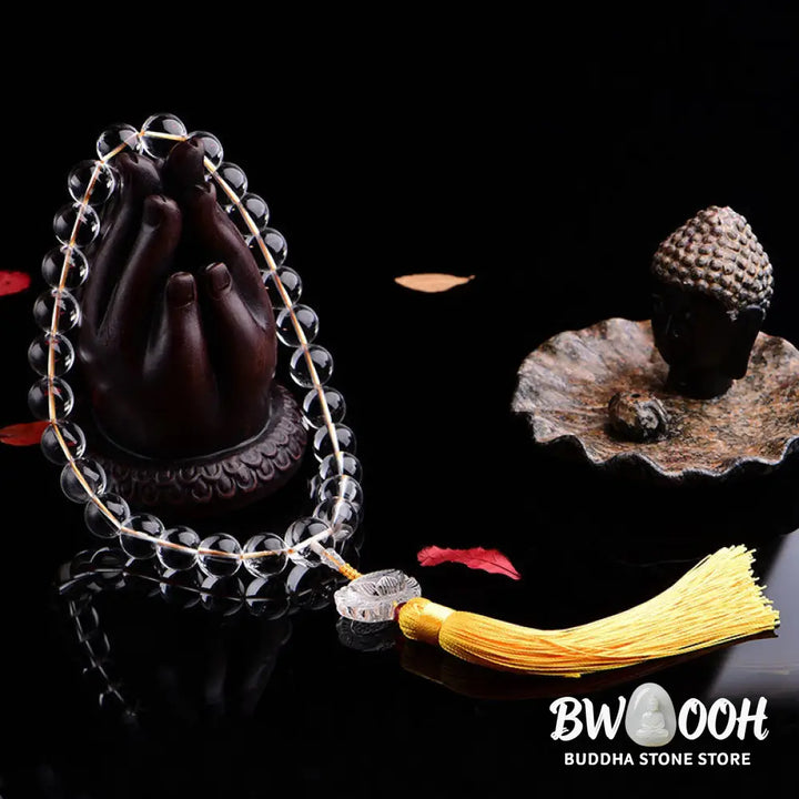 BWOOOH Natural White Crystal Lotus Wrist Mala with premium tassel, featuring polished 12mm-16mm clear crystal beads. Handcrafted for meditation, spiritual protection, and car decoration, symbolizing clarity and enlightenment. - View 2