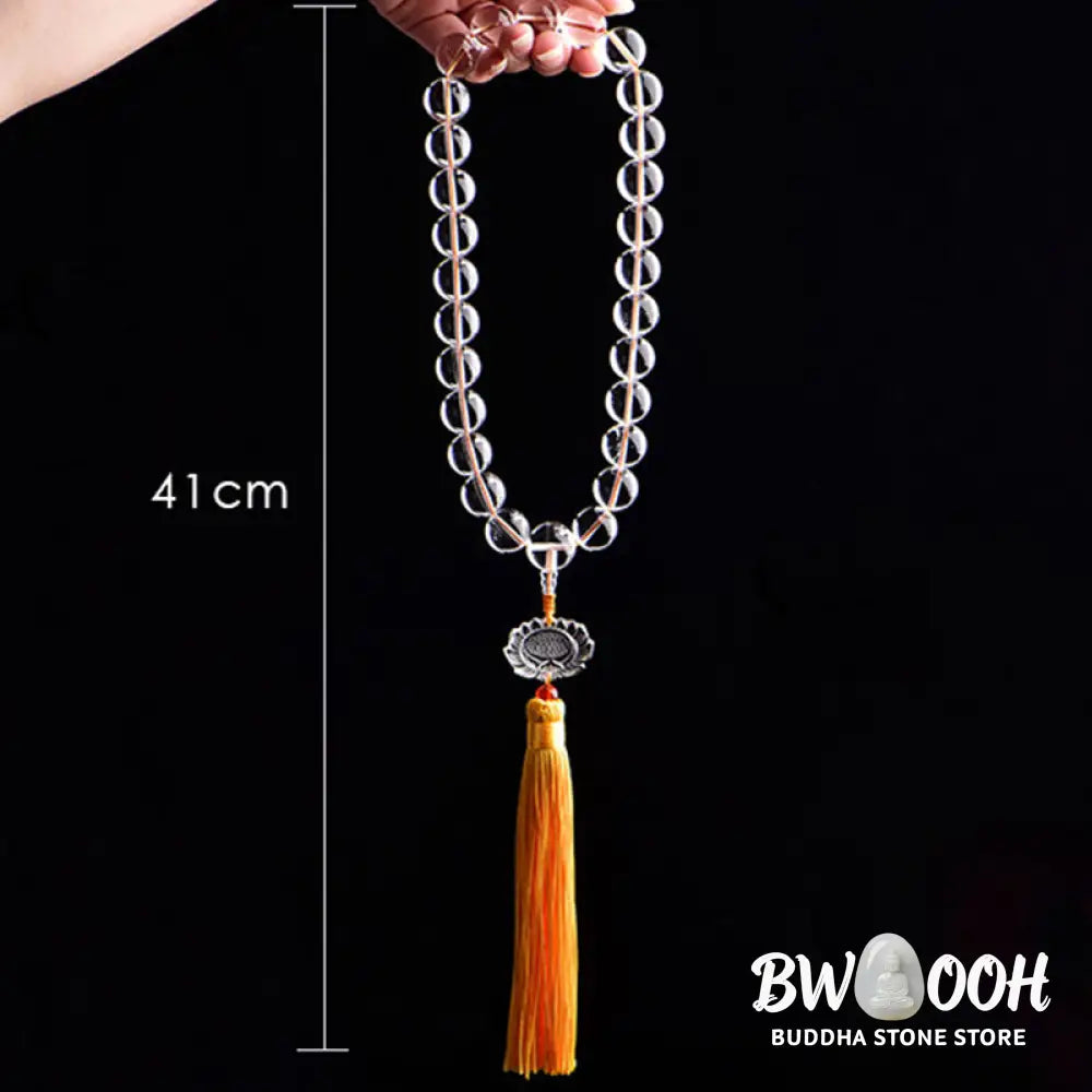 BWOOOH Natural White Crystal Lotus Wrist Mala with premium tassel, featuring polished 12mm-16mm clear crystal beads. Handcrafted for meditation, spiritual protection, and car decoration, symbolizing clarity and enlightenment. - View 7