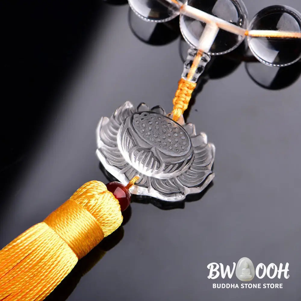 BWOOOH Natural White Crystal Lotus Wrist Mala with premium tassel, featuring polished 12mm-16mm clear crystal beads. Handcrafted for meditation, spiritual protection, and car decoration, symbolizing clarity and enlightenment. - View 4
