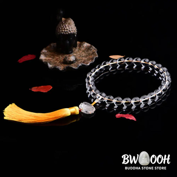 BWOOOH Natural White Crystal Lotus Wrist Mala with premium tassel, featuring polished 12mm-16mm clear crystal beads. Handcrafted for meditation, spiritual protection, and car decoration, symbolizing clarity and enlightenment. - View 3