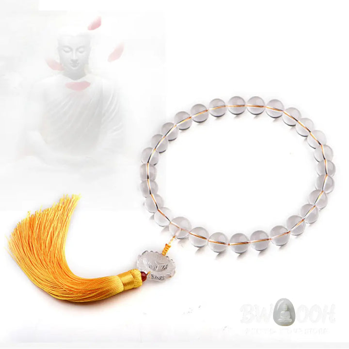 BWOOOH Natural White Crystal Lotus Wrist Mala with premium tassel, featuring polished 12mm-16mm clear crystal beads. Handcrafted for meditation, spiritual protection, and car decoration, symbolizing clarity and enlightenment. - View 5
