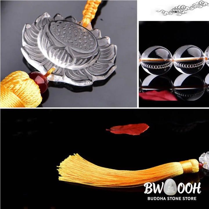 BWOOOH Natural White Crystal Lotus Wrist Mala with premium tassel, featuring polished 12mm-16mm clear crystal beads. Handcrafted for meditation, spiritual protection, and car decoration, symbolizing clarity and enlightenment. - View 6