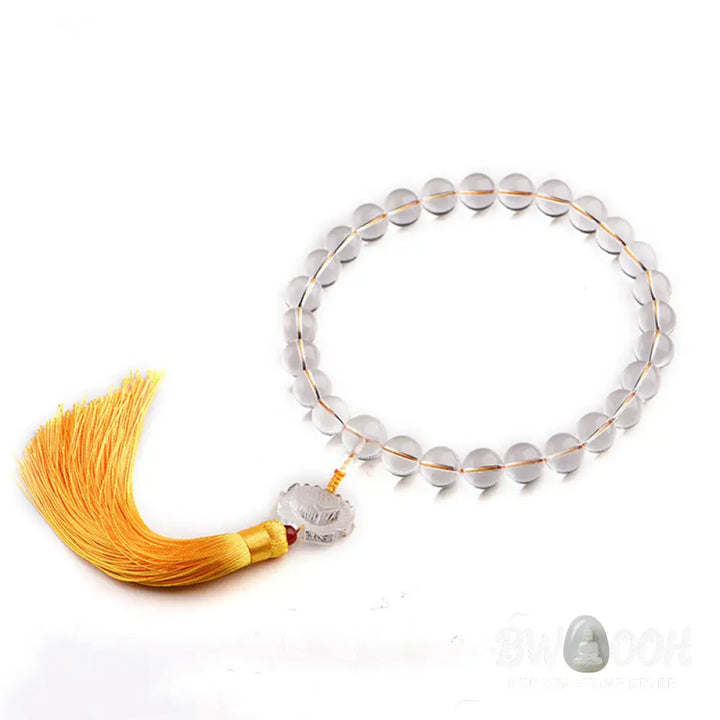 BWOOOH Natural White Crystal Lotus Wrist Mala with premium tassel, featuring polished 12mm-16mm clear crystal beads. Handcrafted for meditation, spiritual protection, and car decoration, symbolizing clarity and enlightenment. - View 8