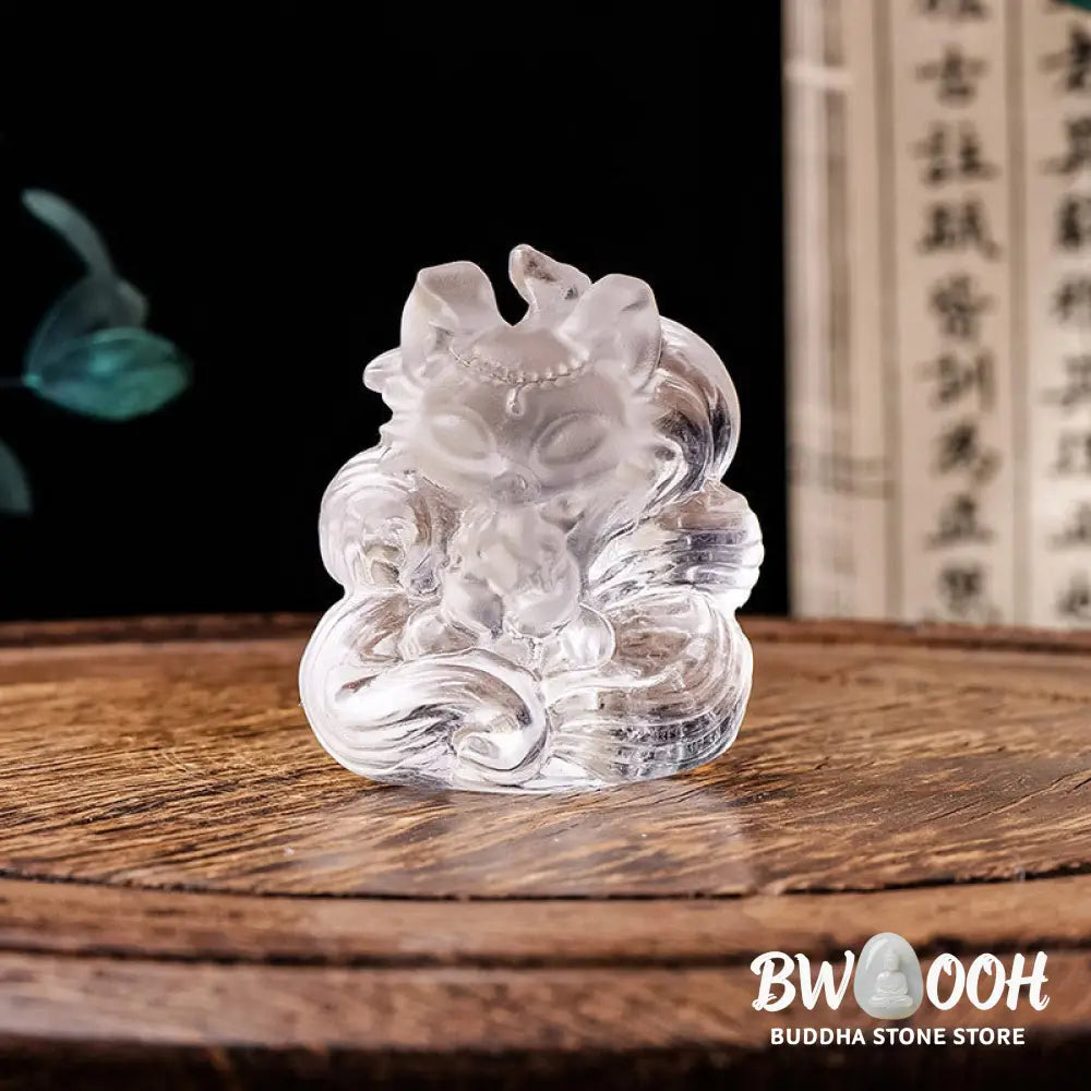 Buddha Stones Natural White Crystal Mini Small Nine Tailed Fox Carved Healing Home Decoration - White Crystal 3*3.8cm