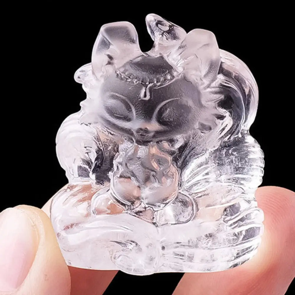 Buddha Stones Natural White Crystal Mini Small Nine Tailed Fox Carved Healing Home Decoration - White Crystal 3*3.8cm