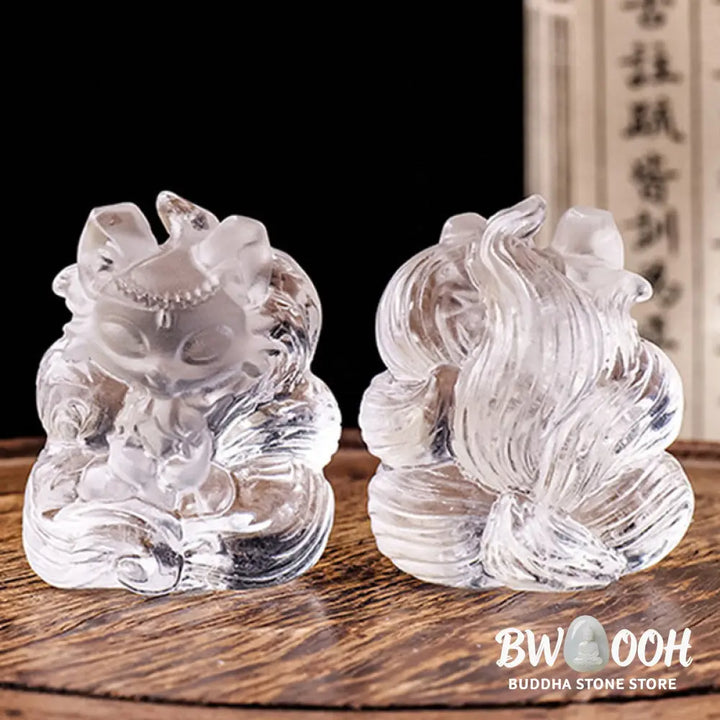 Buddha Stones Natural White Crystal Mini Small Nine Tailed Fox Carved Healing Home Decoration - White Crystal 3*3.8cm