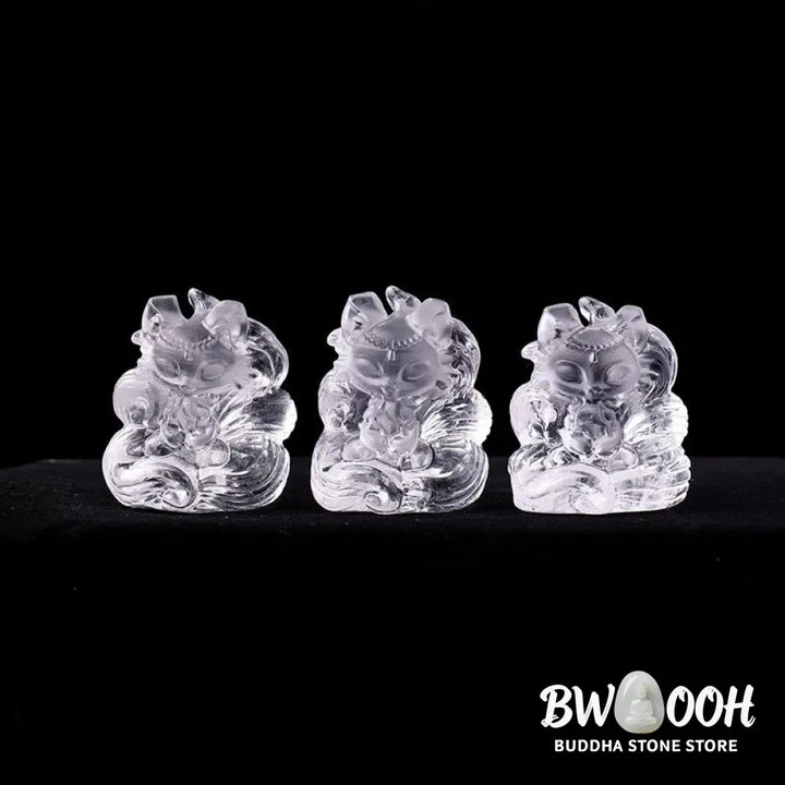Buddha Stones Natural White Crystal Mini Small Nine Tailed Fox Carved Healing Home Decoration - White Crystal 3*3.8cm
