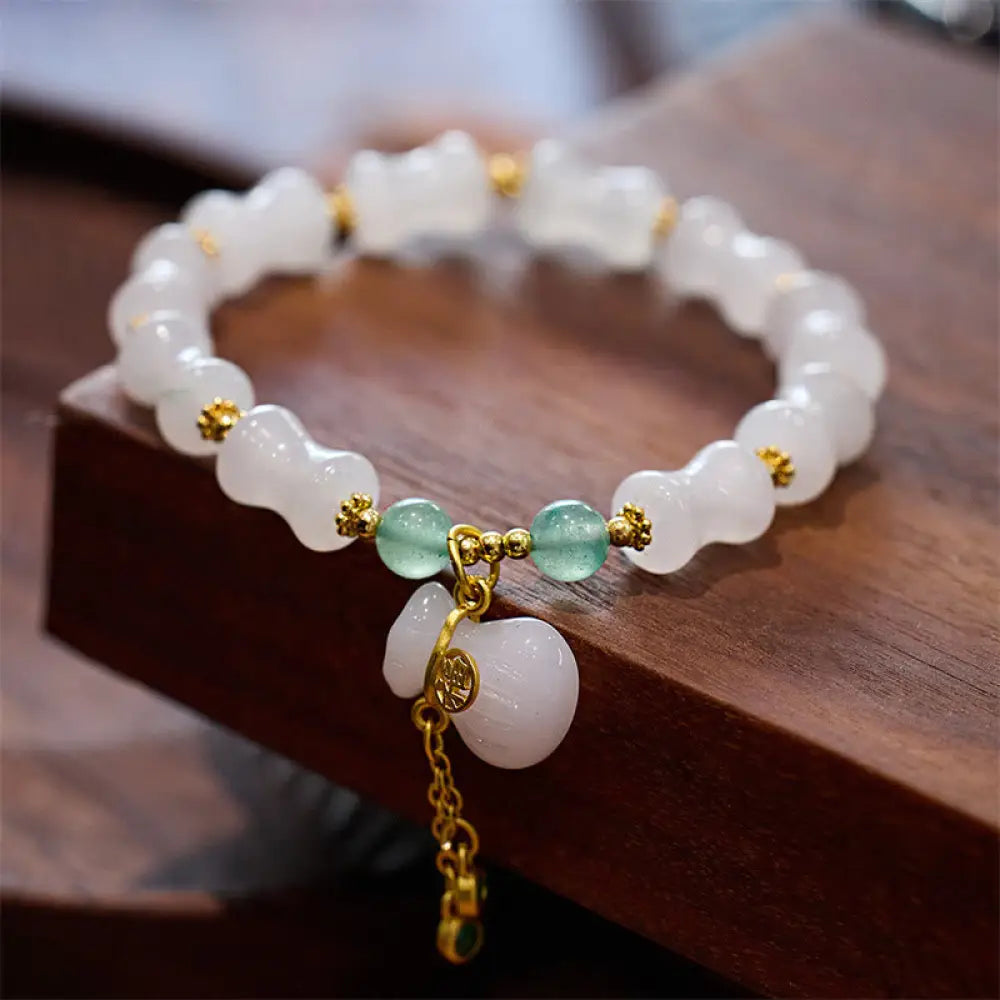BWOOOH Natural White Golden Silk Jade Bamboo Pattern Wealth Lucky Bag Fu Character Bracelet - BWOOOH - Gold Silk