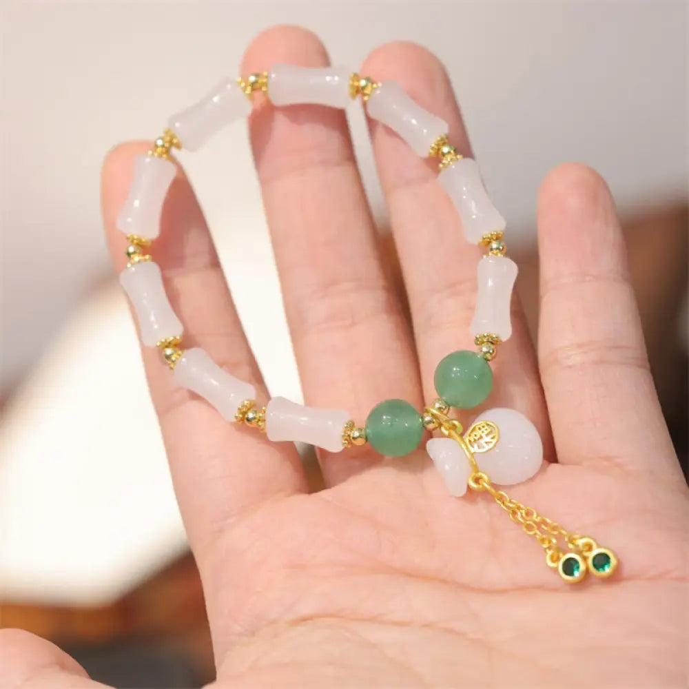 Buddha Stones Natural White Golden Silk Jade Bamboo Pattern Wealth Lucky Bag Fu Character Bracelet - BWOOOH - Gold Silk