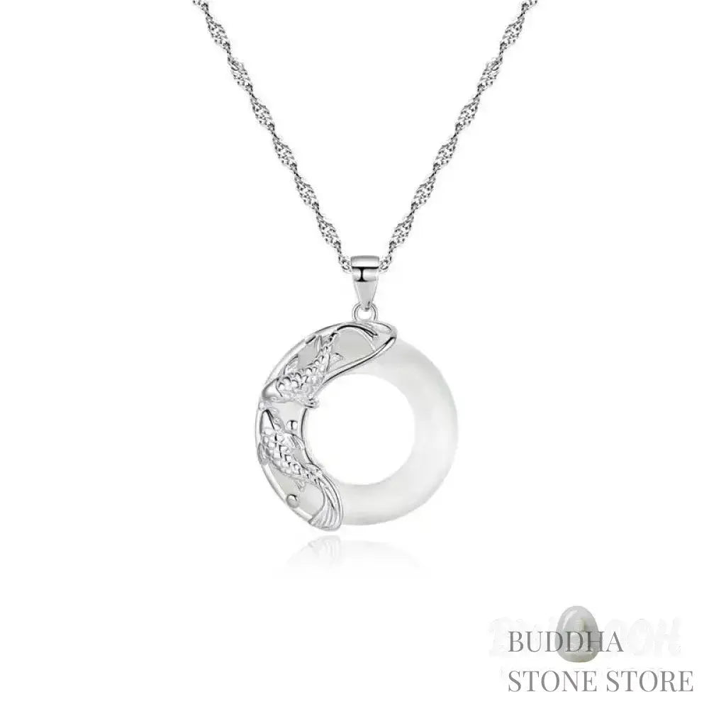 BWOOOH Natural White Jade Koi Lucky Necklace, featuring a polished 22x22mm white jade pendant intricately carved with two koi fish, suspended on a 40cm copper chain. Represents protection, happiness, and wealth. - View 5