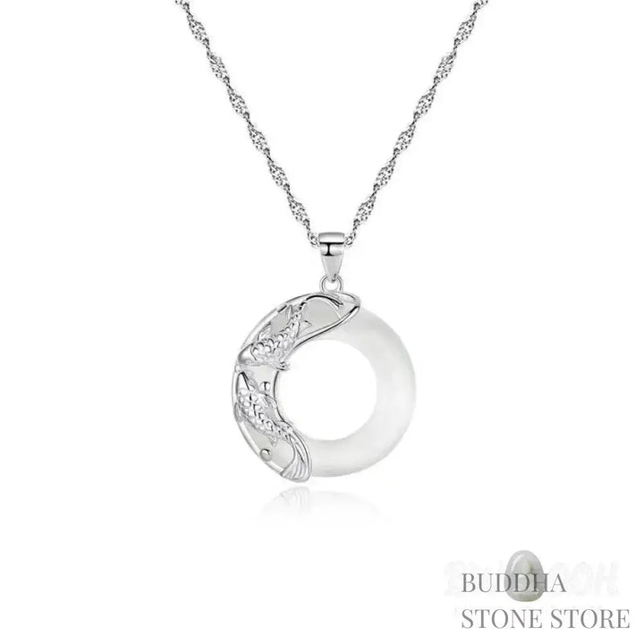 BWOOOH Natural White Jade Koi Lucky Necklace, featuring a polished 22x22mm white jade pendant intricately carved with two koi fish, suspended on a 40cm copper chain. Represents protection, happiness, and wealth. - View 5