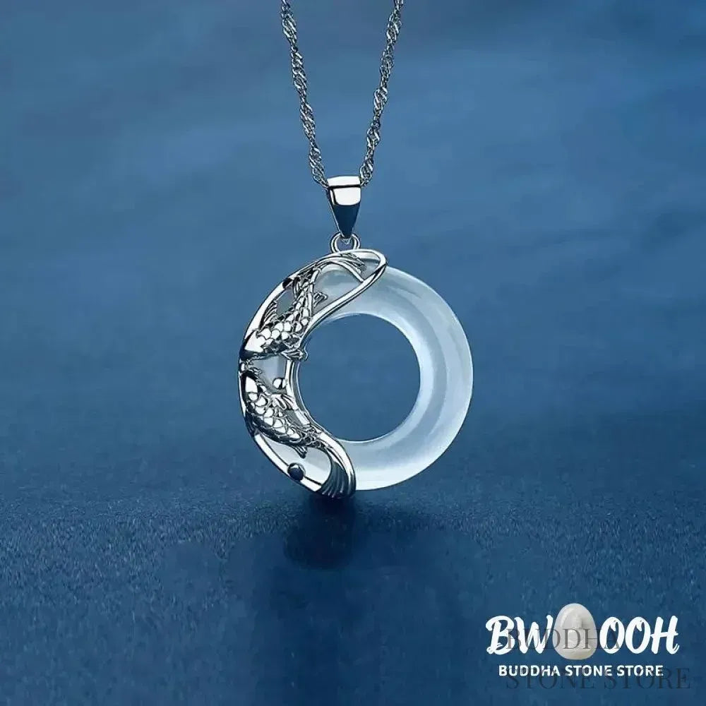 BWOOOH Natural White Jade Koi Lucky Necklace, featuring a polished 22x22mm white jade pendant intricately carved with two koi fish, suspended on a 40cm copper chain. Represents protection, happiness, and wealth. - View 2