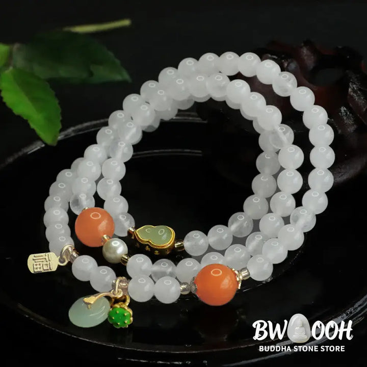 Buddha Stones Natural White Jade Multi-layer Gourd Peace Buckle Fu Character Luck Bracelet - BWOOOH - White Jade(Wrist