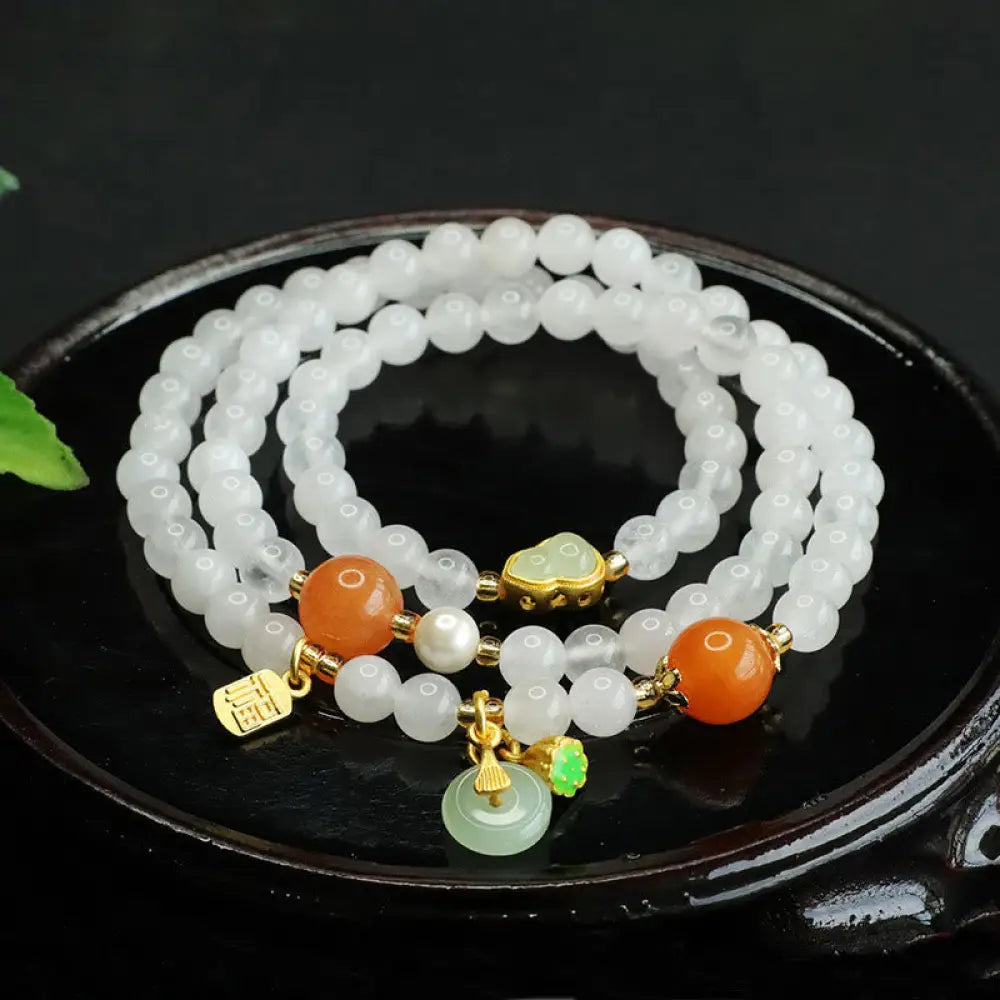 BWOOOH Natural White Jade Multi-layer Gourd Peace Buckle Fu Character Luck Bracelet — White Jade jade bracelet for spiritu...