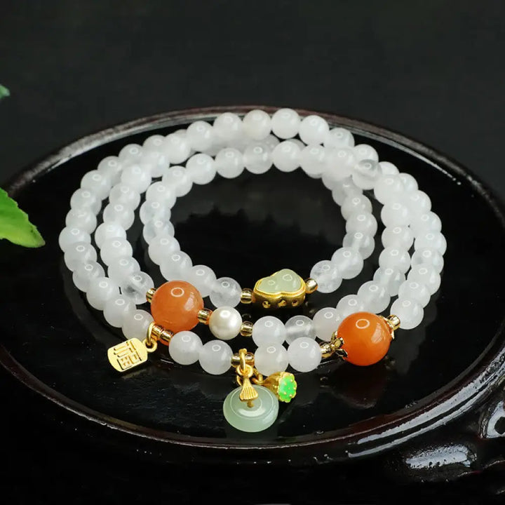 BWOOOH Natural White Jade Multi-layer Gourd Peace Buckle Fu Character Luck Bracelet — White Jade jade bracelet for spiritu...