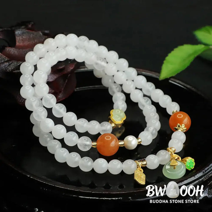 Buddha Stones Natural White Jade Multi-layer Gourd Peace Buckle Fu Character Luck Bracelet - BWOOOH - White Jade(Wrist